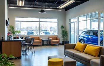 Bright, modern interior of Greer Automotive Services facility showing a customer lounge and garage